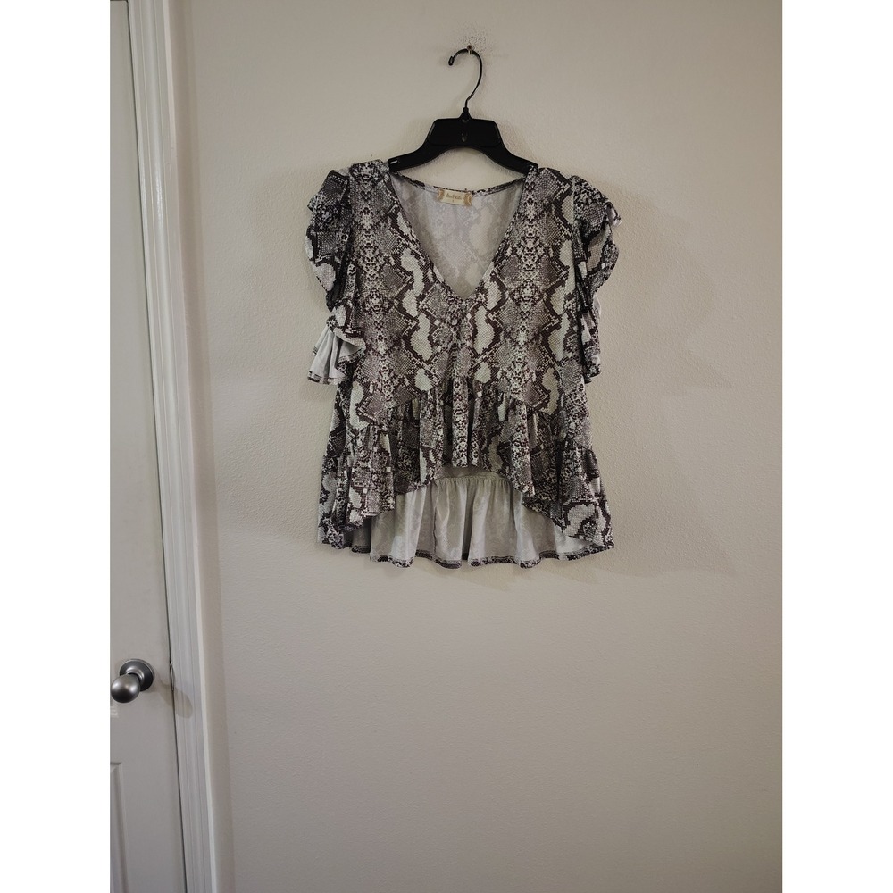 Altar'd State Snakeskin Print Ruffle Sleeve Peplum Blouse Grey Brown Small